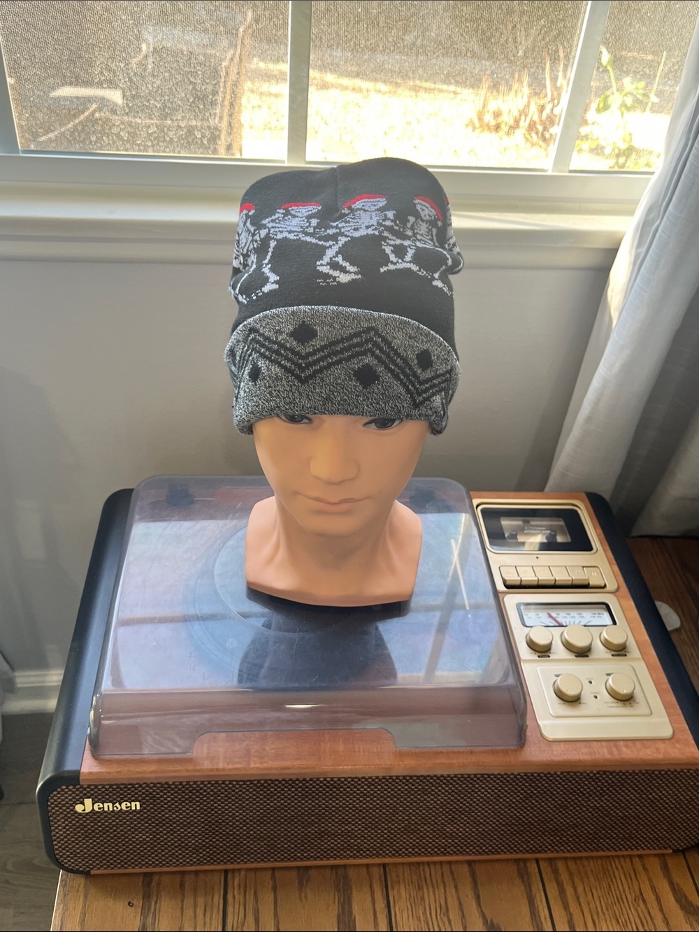 Black & Gray Knit Beanie with Pattern
